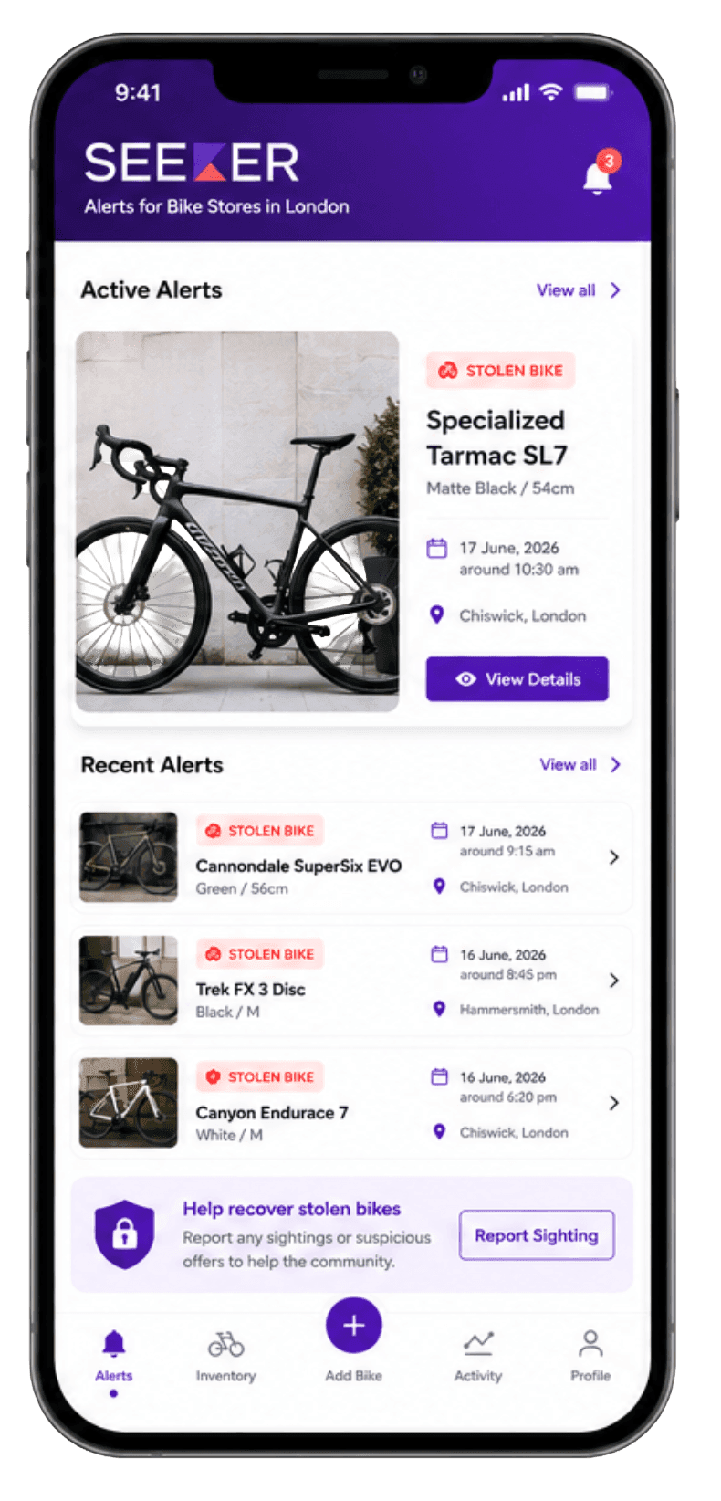 Seeker bike alerts mobile app showing active and recent stolen-bike alerts